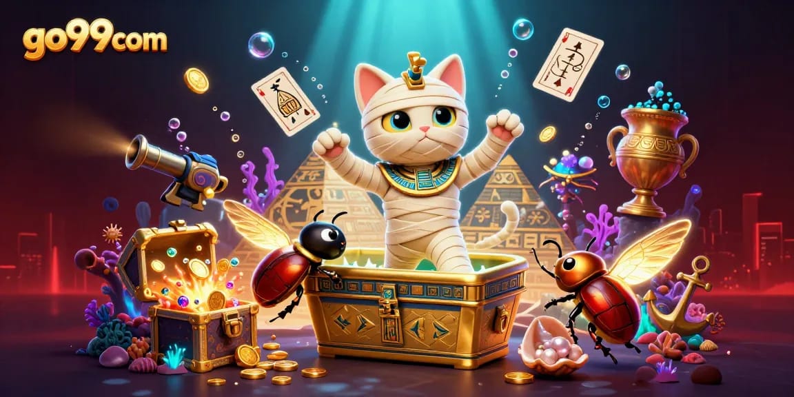 Win big at go99com with a vibrant Egyptian casino scene featuring a mummy cat and treasures.