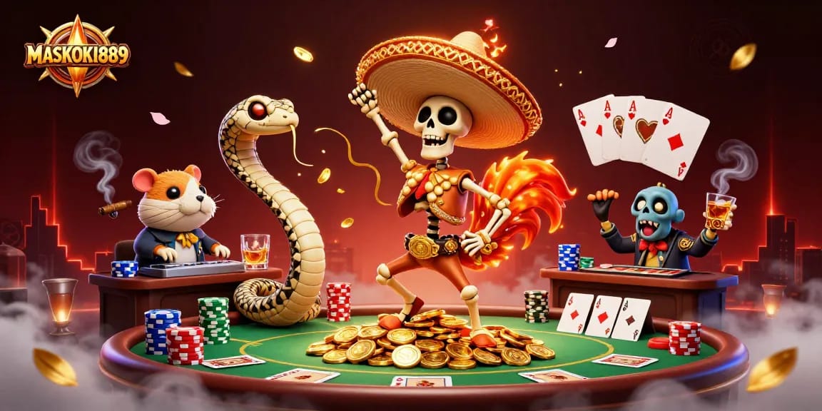 Experience the excitement of MASKOKI889 with a 3D cartoon illustration of a mariachi rooster celebrating jackpots.