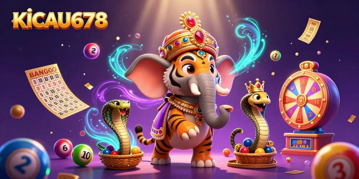 KICAU678 offers an energetic gaming experience with a royal ambiance of a tiger, elephant, and cobra in a vibrant casino illustration.