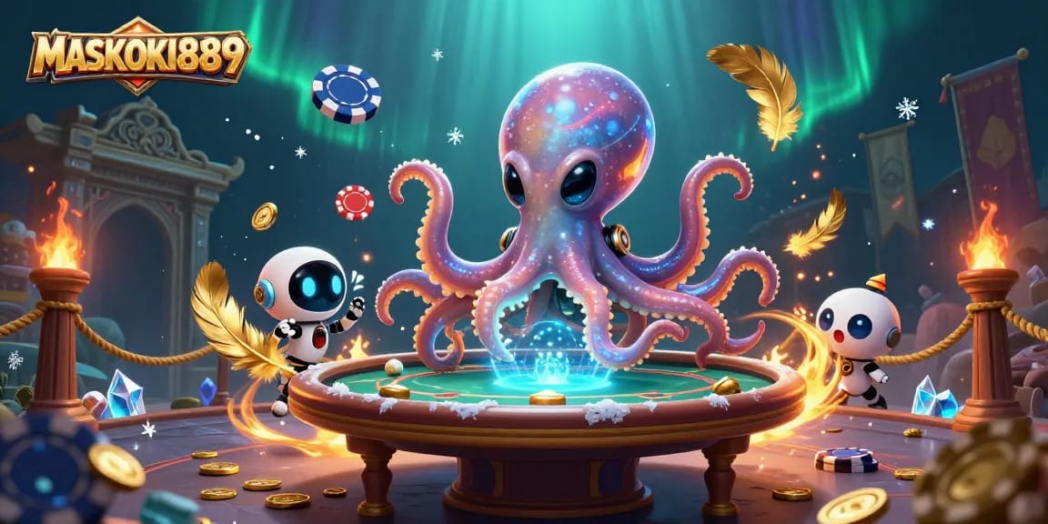 Experience the thrilling games at MASKOKI889 with vibrant alien characters and holographic poker fun.