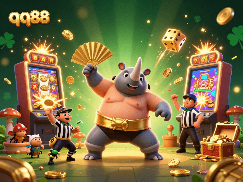 Experience the exciting world of qq88 with a dynamic casino scene featuring a sumo beetle champion amidst vibrant slots and games.