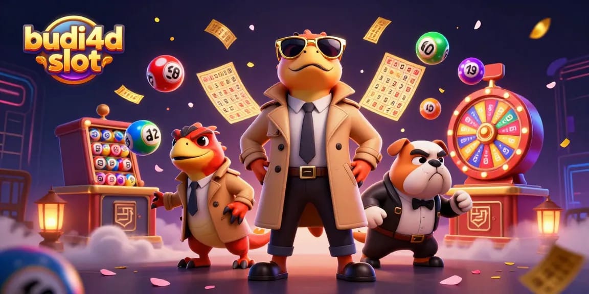Engage with budi4d slot excitement in a vibrant casino scene featuring playful characters and dynamic game elements.