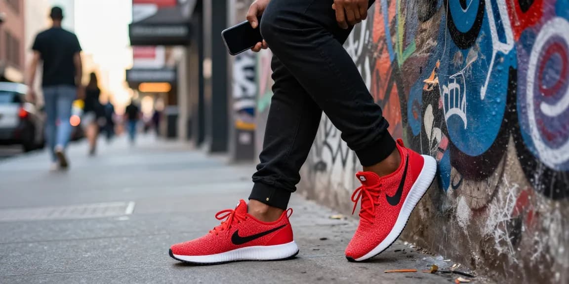 Model mengenakan sepatu Nike x NOCTA Glide "Bright Crimson" sambil berpose di jalan kota, mencerminkan gaya urban yang modis.