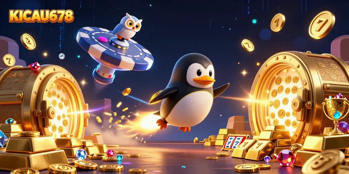 KICAU678 transports players to a thrilling space casino adventure with a golden penguin and treasure!