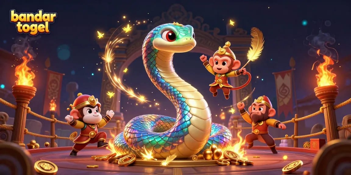 Experience the vibrant world of bandar togel with a dynamic illustration featuring a rainbow serpent and playful characters.