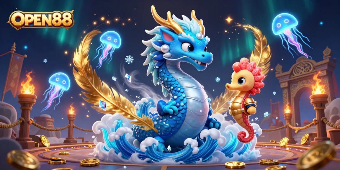 Engage in thrilling gameplay at OPEN88 with a dynamic scene featuring a water dragon and seahorse knight.