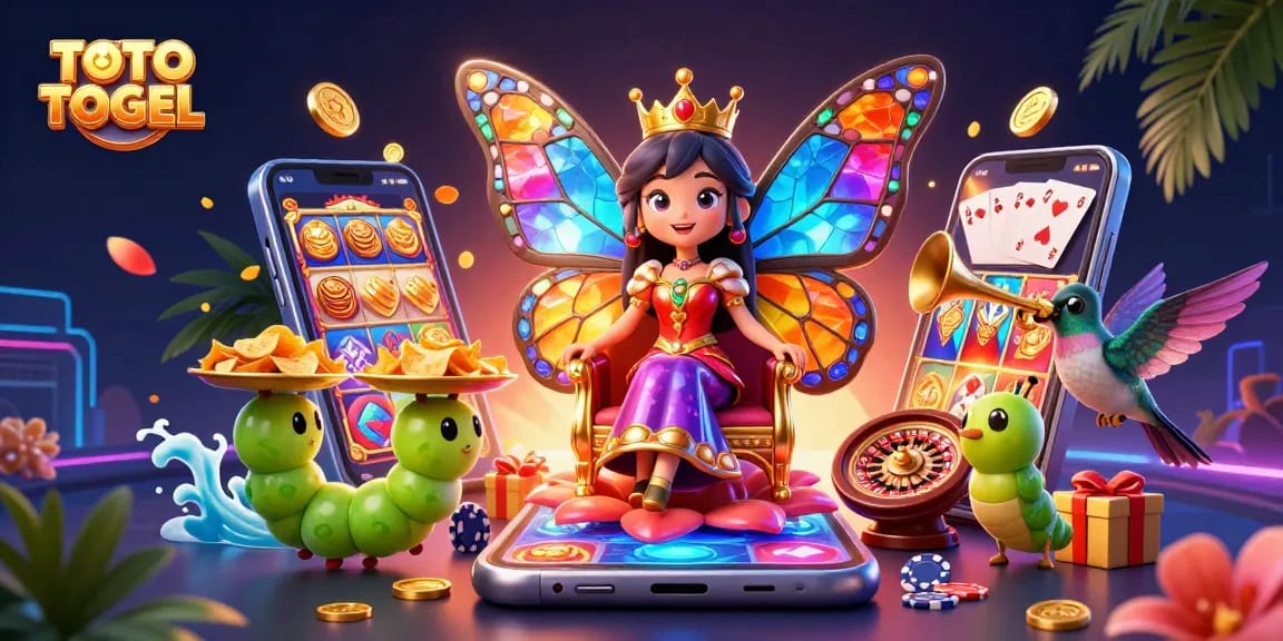 TOTO TOGEL menghadirkan ilustrasi kasino 3D penuh warna dengan ratu kupu-kupu dan elemen permainan yang memikat.