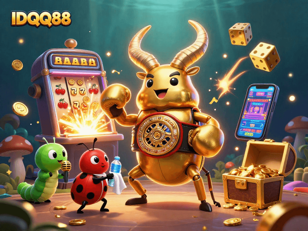 Experience IDQQ88 with a vibrant casino scene featuring thrilling slot action and unique characters.