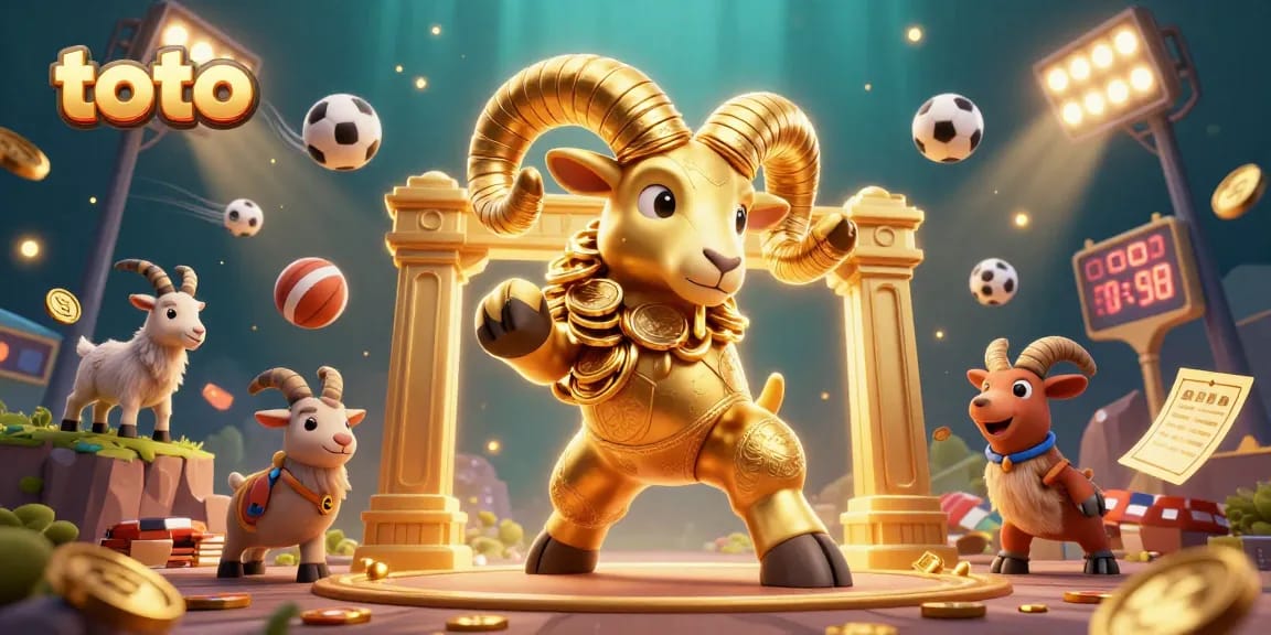 Menang besar di toto dengan gambar ram emas berlari menuju gerbang keemasan, dikelilingi oleh bola olahraga.