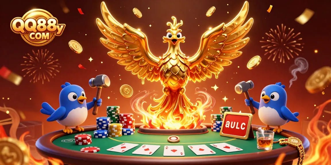 Experience thrilling poker action at QQ88money COM with vibrant 3D characters surrounded by casino elements.