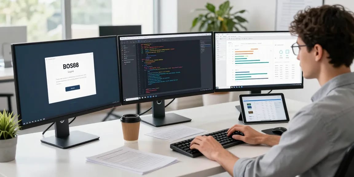 Antarmuka BOS88 Login di layar monitor, menunjukkan pengembang perangkat lunak yang fokus.