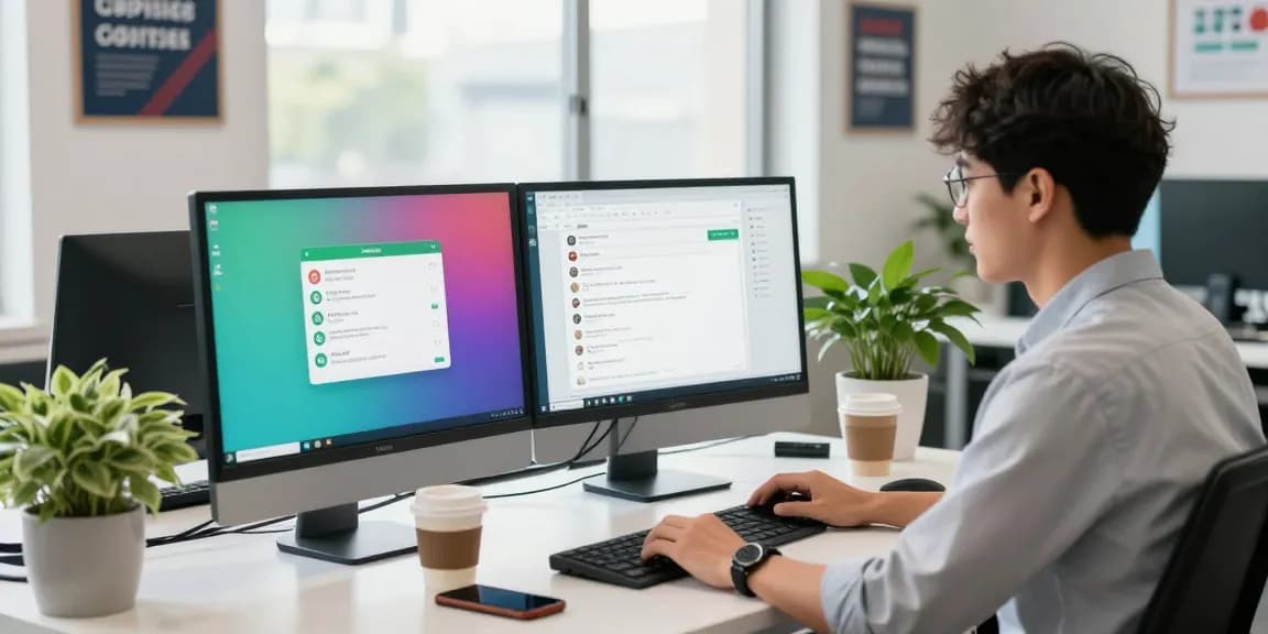 Engaged professional using WhatsApp電腦版 on desktop, showcasing modern workspace.