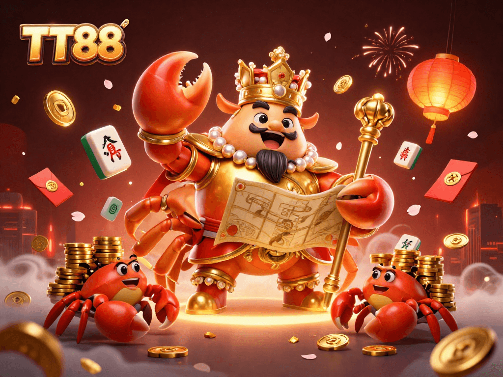 Engage with the TT88 casino world featuring a golden crab emperor and rich gaming elements.