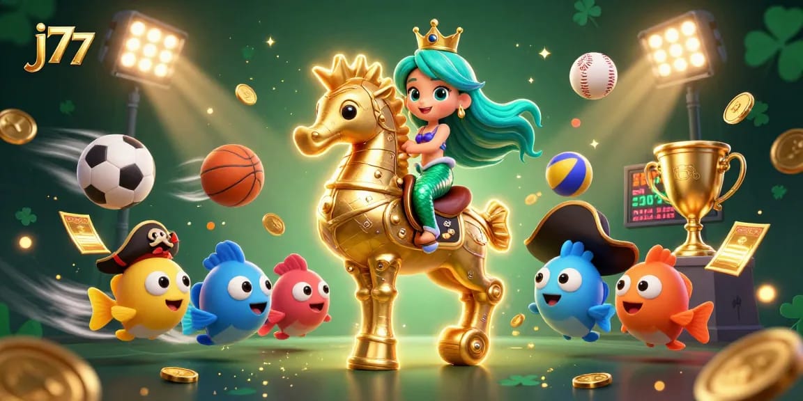 Experience thrilling gameplay at j77 with lively mermaid and dynamic sports elements in a captivating scene.