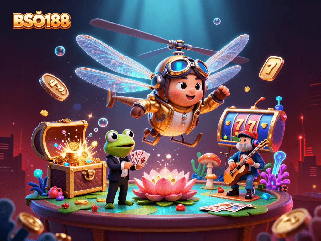 Experience thrilling wins with BSO188 in this vibrant casino scene featuring classic slots!