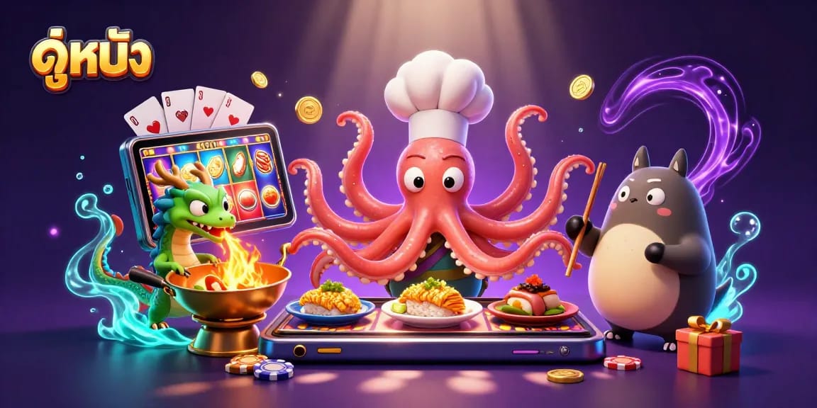 Engage in ดูหนัง as a cartoon octopus chef whips up golden dishes amidst colorful gambling elements.