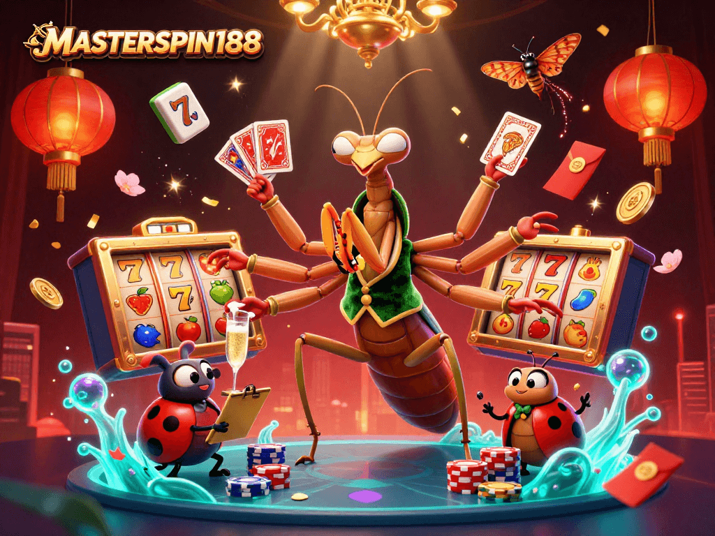 Experience exhilarating gameplay with MASTERSPIN188 in a vibrant casino-themed illustration featuring iconic slot reels.