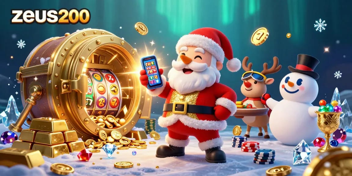 Gali kemenangan besar di zeus200 dengan Santa dan teman-teman di kasino yang meriah.