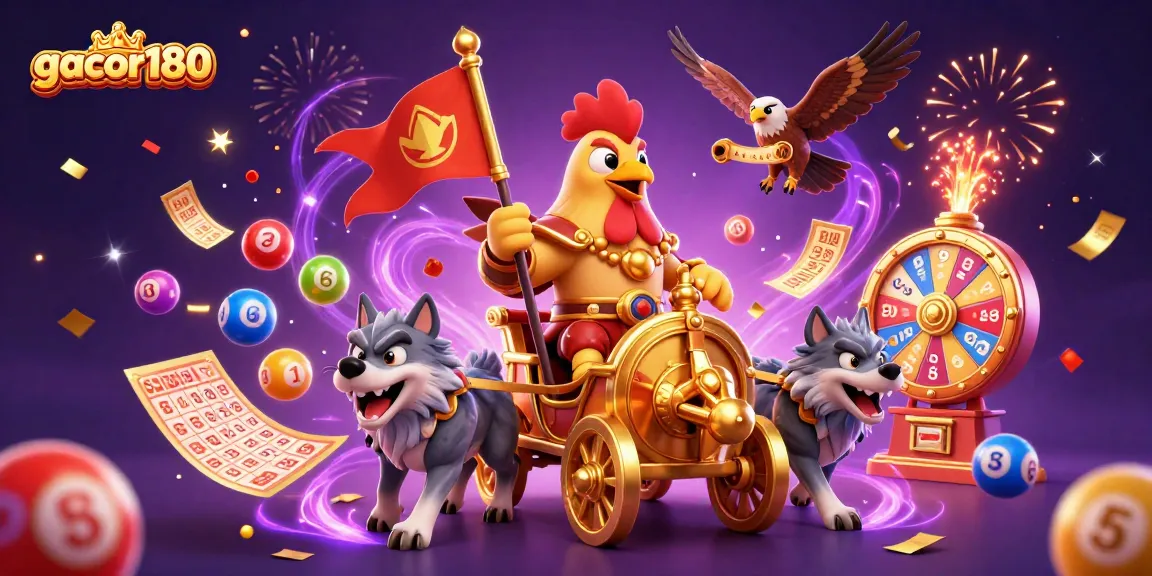 Gacor180 menampilkan ilustrasi kasino meriah dengan karakter ayam jantan, chariot emas, dan bola lotere berwarna-warni.