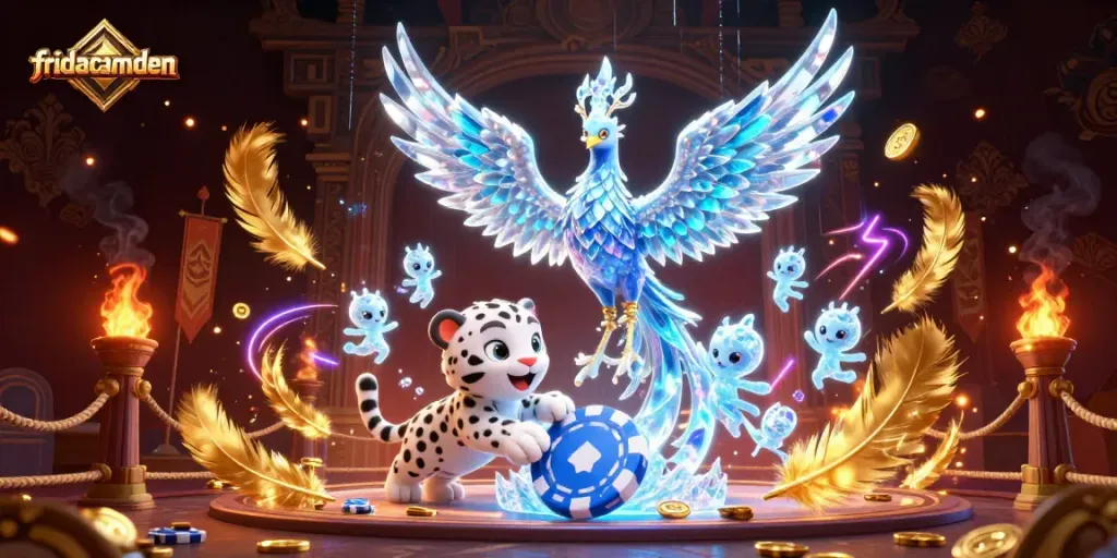 Engage in vibrant gameplay with fridacamden, showcasing an ice phoenix, leopard, and enchanted sprites.