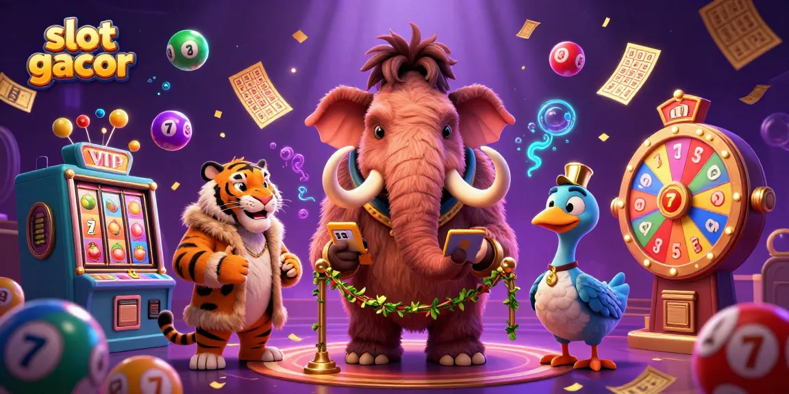 slot gacor menampilkan bouncer mammoth, tamu VIP dan penjaga pintu di kasino bertema lotere yang meriah.