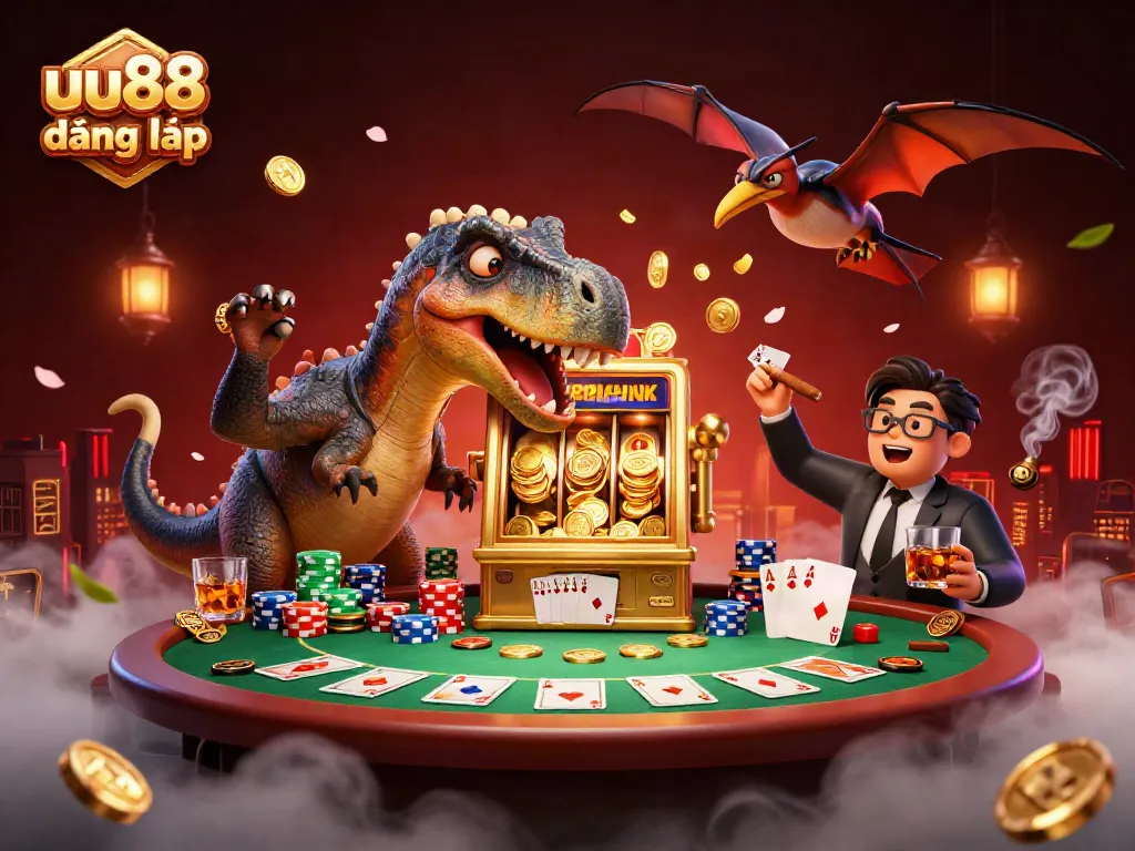 Experience uu88 đăng nhập with vibrant 3D casino characters like a pachycephalosaurus and an ankylosaur amid casino chaos.