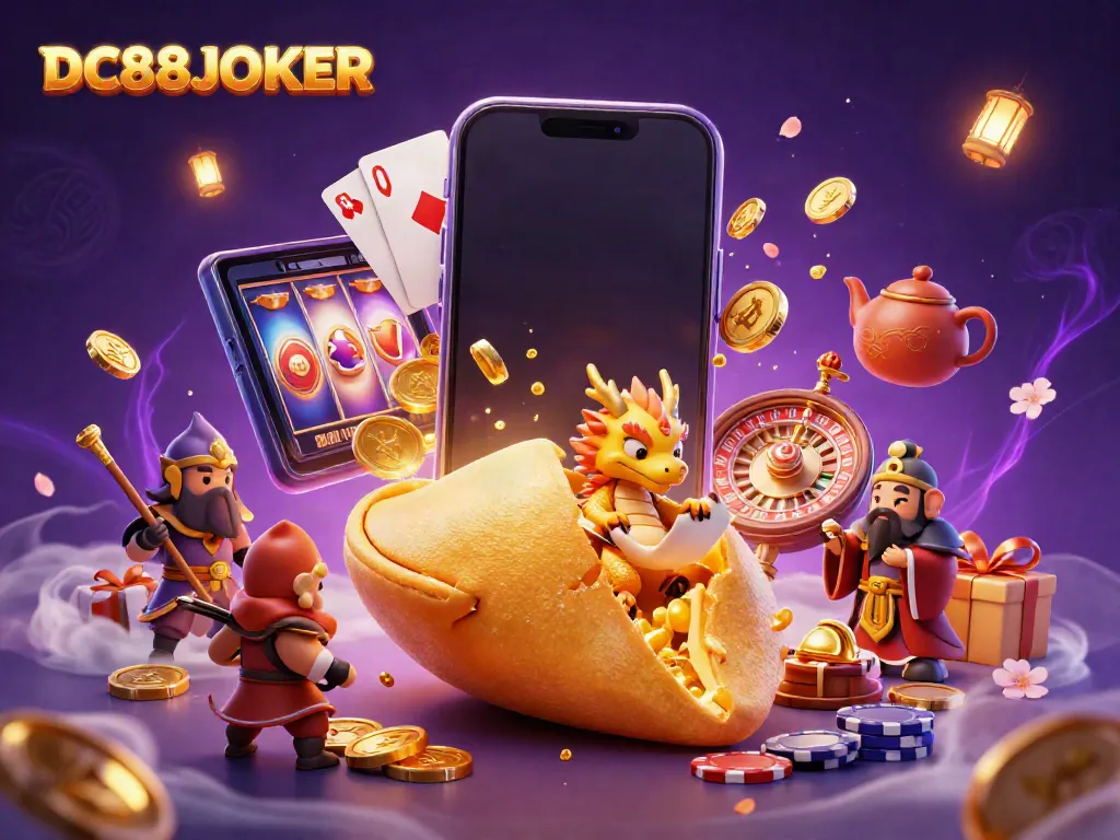 Spin the reels with DC88JOKER's golden fortune, featuring a mystical dragon and gaming elements.