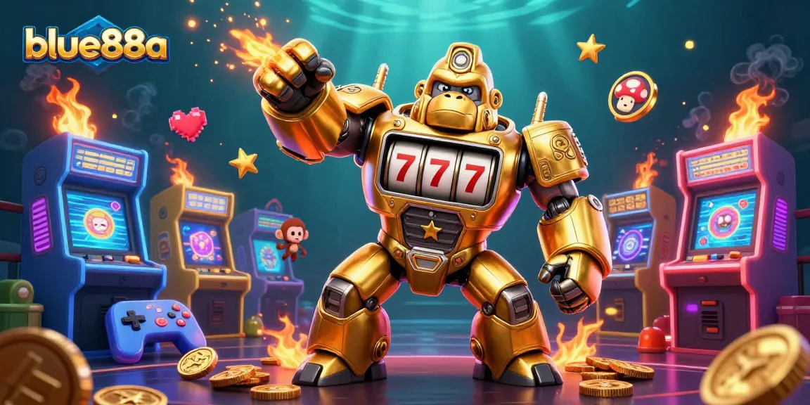 Spin to win at blue88a with the golden gorilla mech, unleashing coins and excitement!