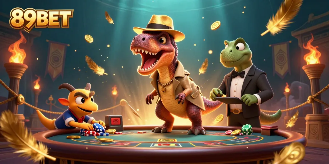 Engage with action at 89BET’s lively blackjack table featuring a velociraptor card counter, a suspicious stegosaurus pit boss, and a sneaky compy.