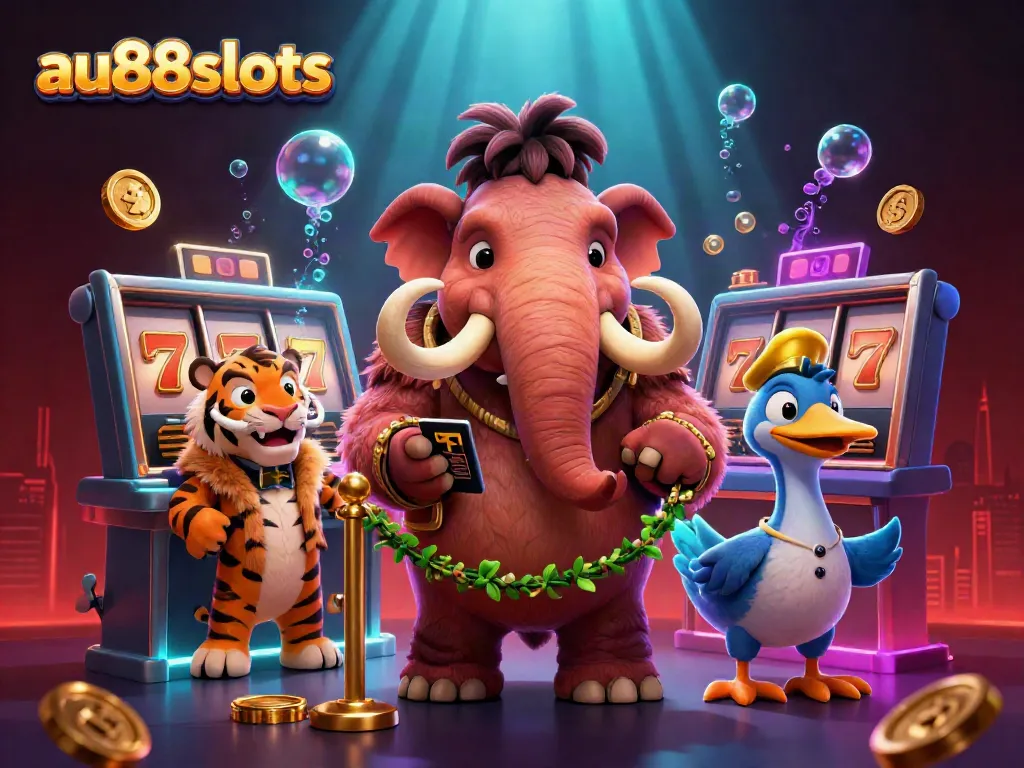 Engage in thrilling gameplay at au88slots with a vibrant casino scene featuring a woolly mammoth bouncer and saber-tooth tiger guest.