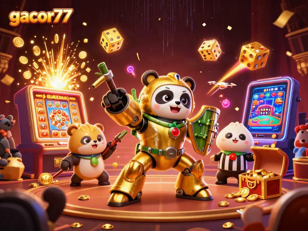 Gacor77 menghadirkan panda emas berperang dengan slot yang meledak, dikelilingi koin emas dan simbol keberuntungan.