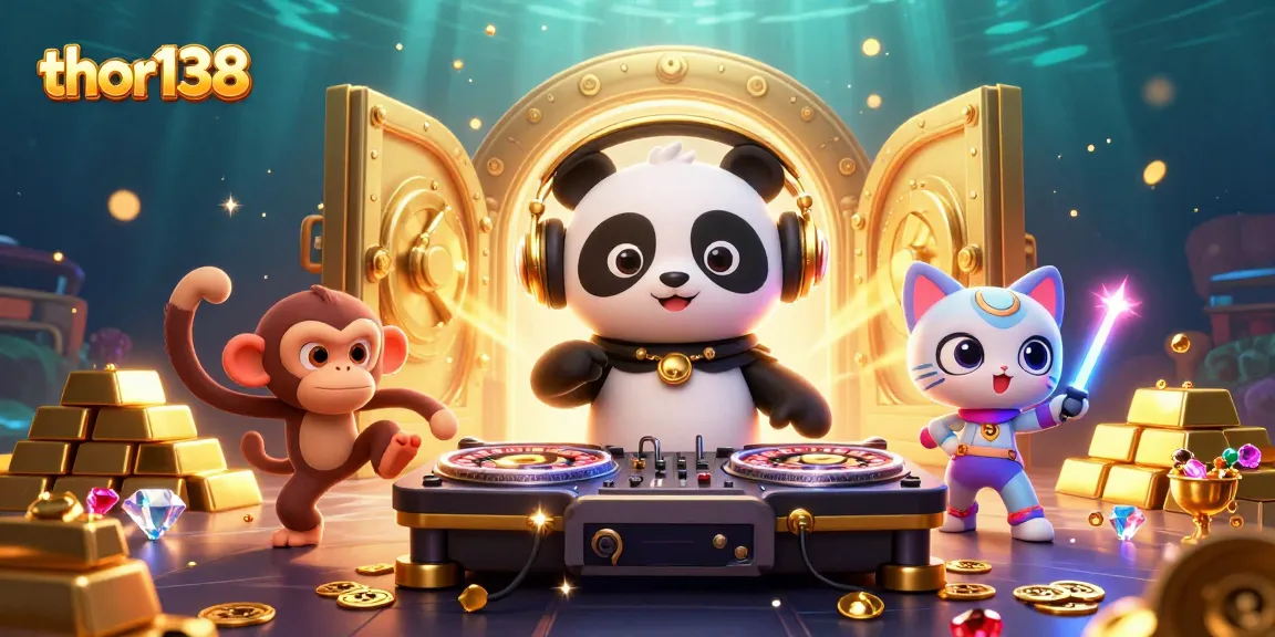 Gambarlah suasana meriah thor138 dengan DJ panda, monyet breakdance, dan kucing rave dikelilingi harta karun jackpot.