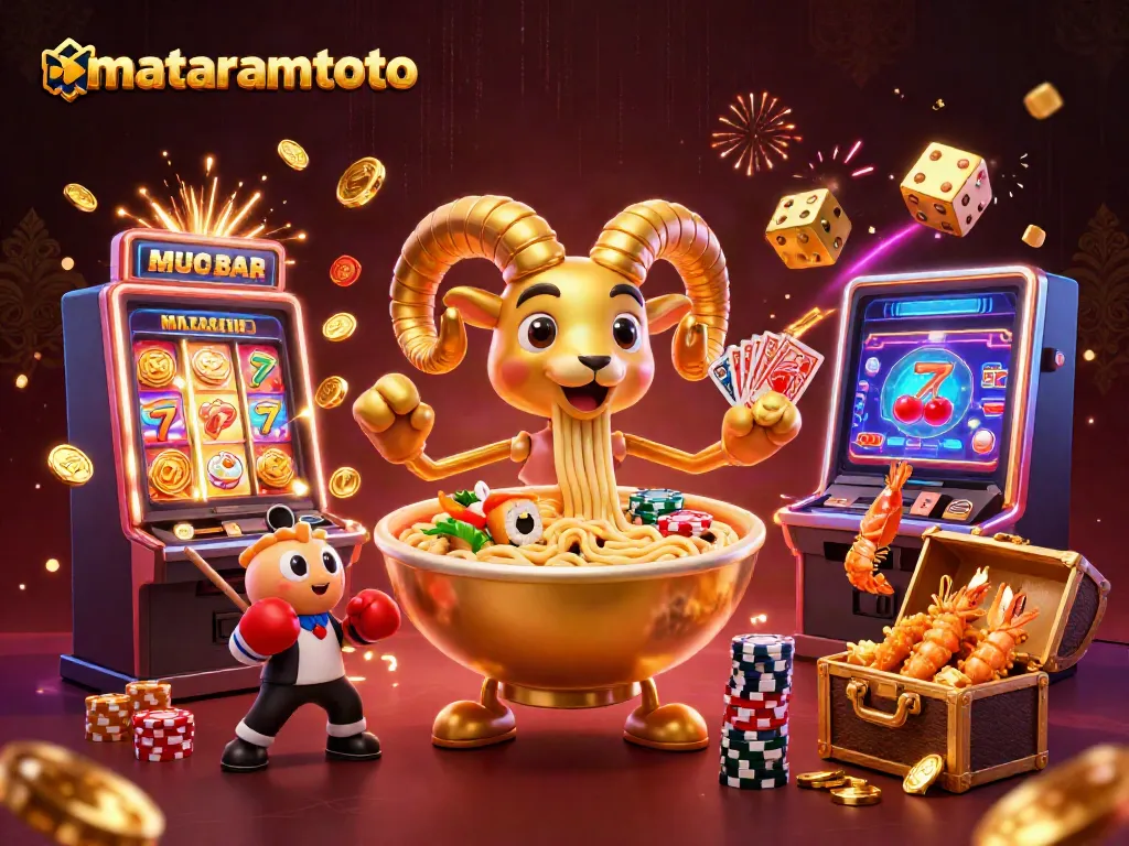 Mataramtoto showcases a vibrant 3D casino scene where a giant ramen bowl and friends deal cards among jackpots.