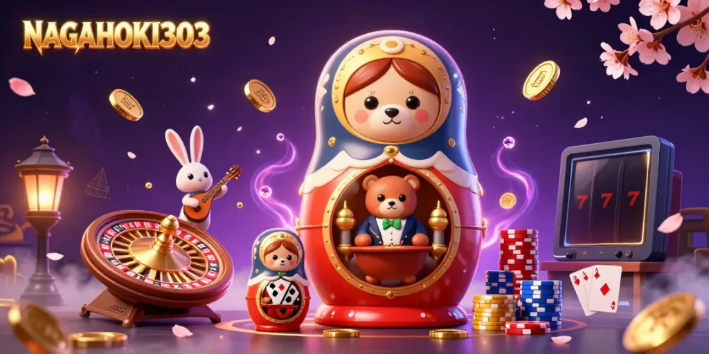NAGAHOKI303 showcases thrilling slot gaming features with vibrant casino elements in a rich, dynamic scene.
