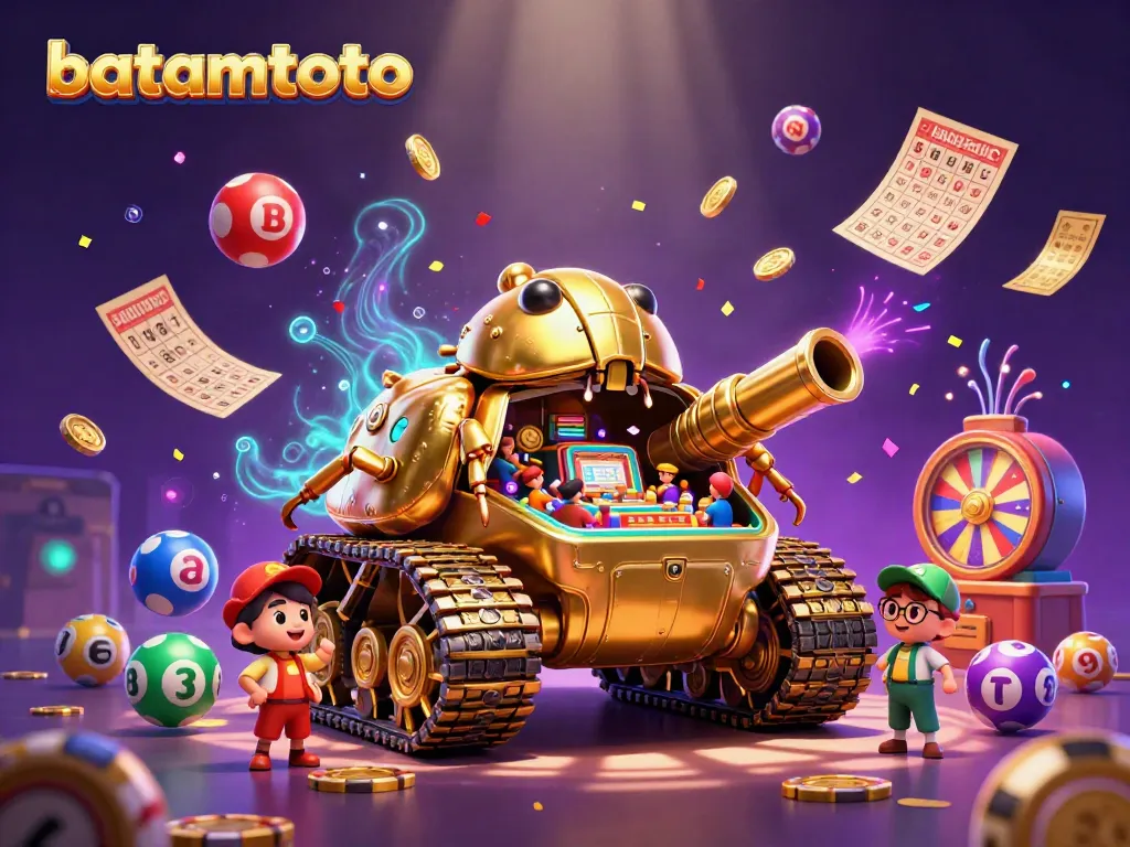 Engage with batamtoto's vibrant casino parody featuring a golden beetle tank and lottery elements.