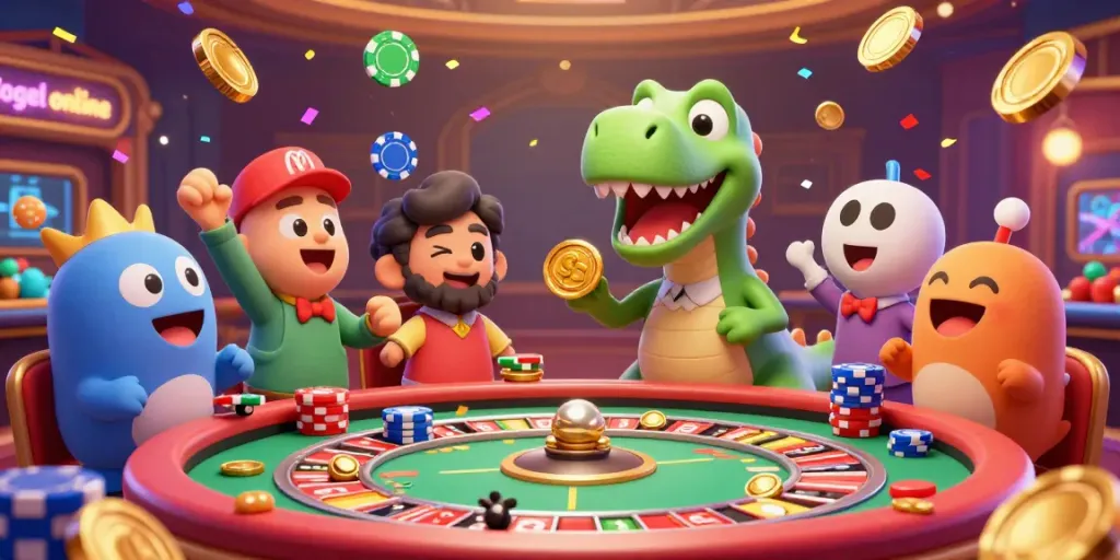 Mainkan togel online dengan dino dealer yang ramah di meja roulette yang cerah dan penuh chip berwarna.