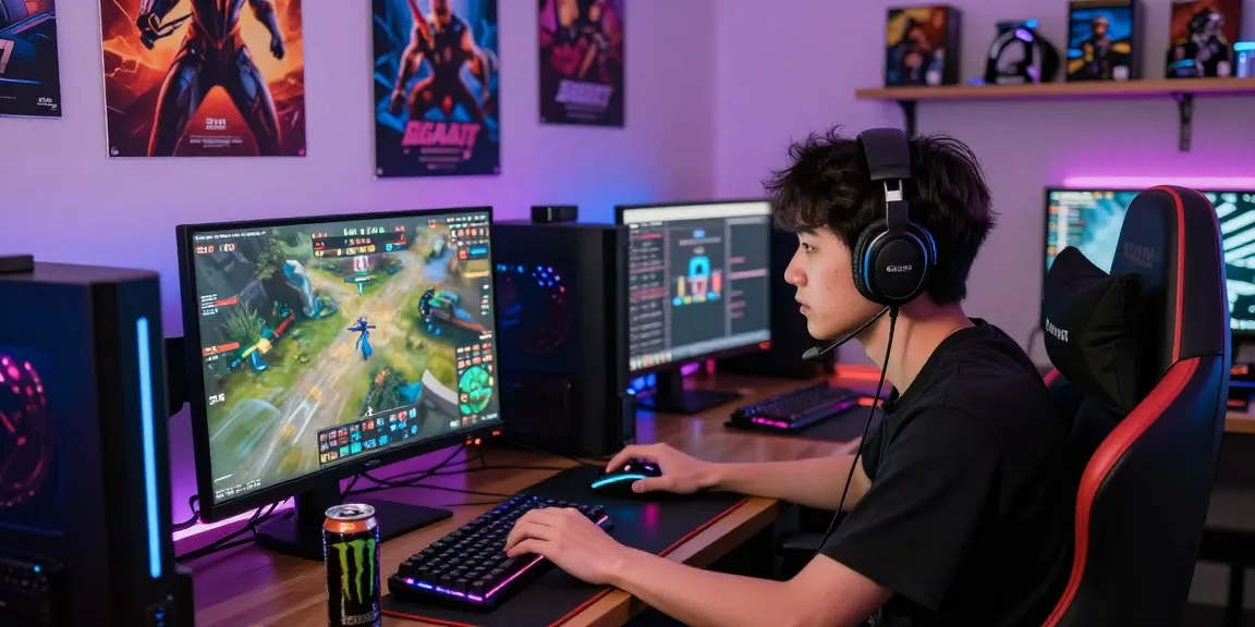 Pemandangan gaming dinamis dengan Sga33 di monitor, pencahayaan LED ambien dan peralatan gaming di ruang gamer.