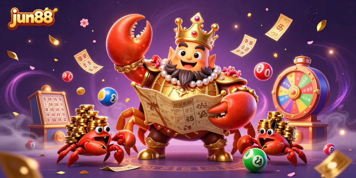 Experience jun88 in a vibrant scene with a golden crab emperor and lively lottery elements for dynamic gaming.