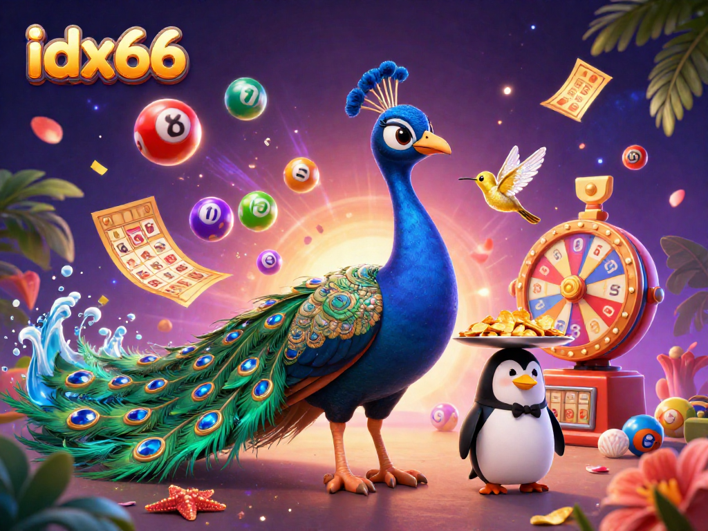 Permainan slot idx66 dengan merak berkilauan dan penguin yang menyajikan chip emas.
