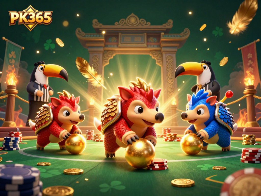 PK365 pangolins rolling poker chips in a vibrant casino scene