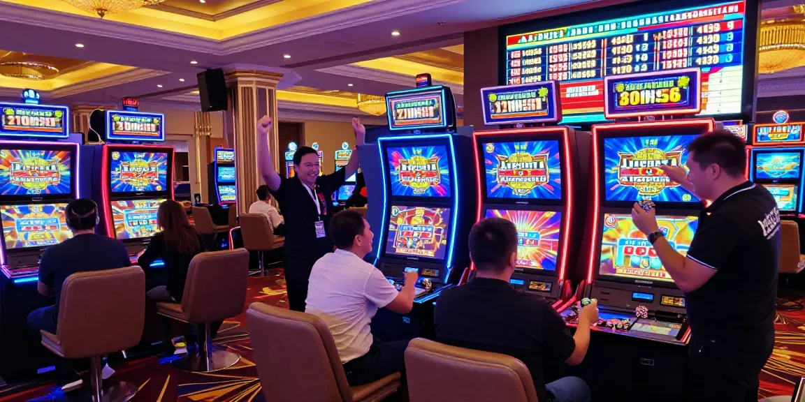 Pengunjung bermain di mesin slot di MPOPROFIT, suasana kasino yang meriah dan penuh cahaya.