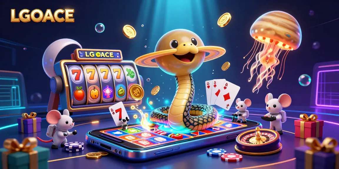 LGOACE delivers an exciting cosmic casino experience with imaginative gambling elements amidst a colorful scene.