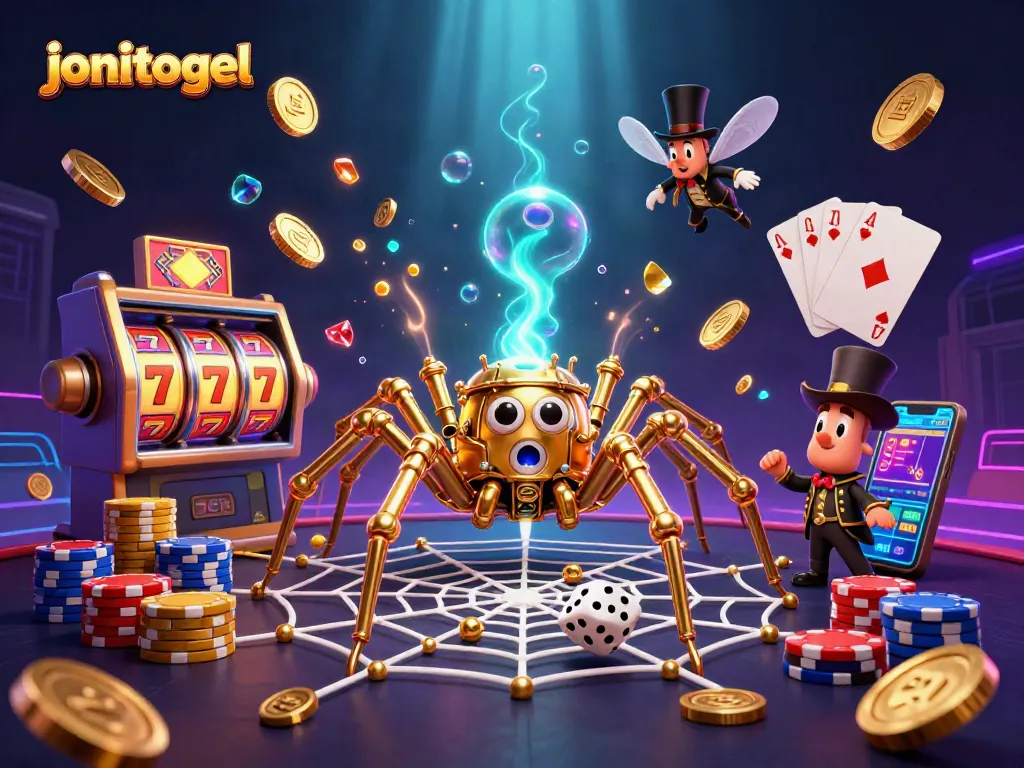 Experience thrilling gameplay with jonitogel as golden coins and poker chips cascade around a steampunk spider and dice.