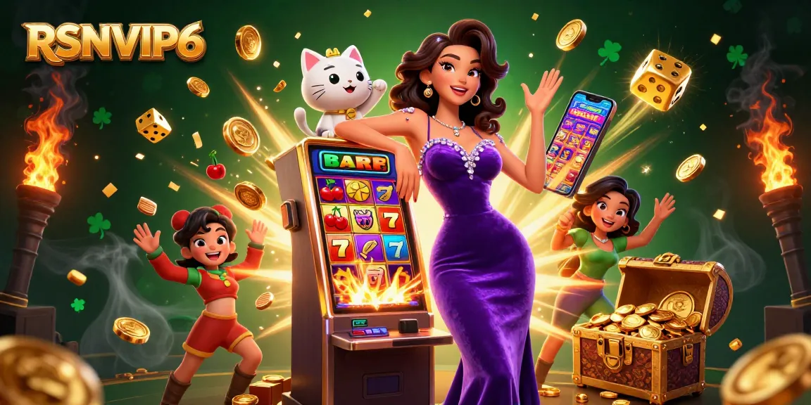 RSNVIP6 players enjoying thrilling jackpots with vibrant casino elements and a lucky fortune cat mascot.