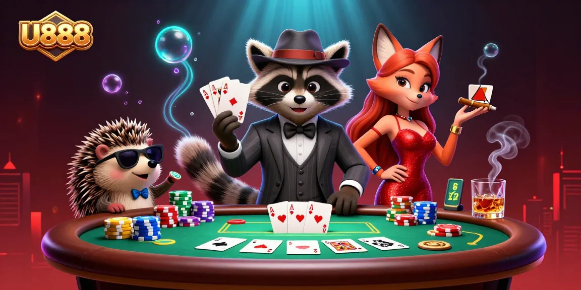 Experience U888's thrilling poker scene with stylish characters and rich casino elements.