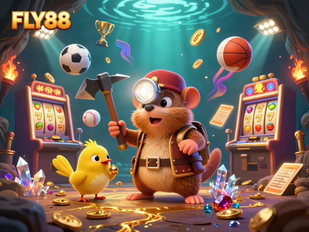 FLY88 inspires players with a treasure-hunting mole and slot machines in a vibrant casino scene.