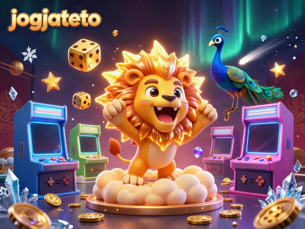 Experience thrilling gameplay with jogjatoto, featuring vibrant casino elements and a cartoon lion in action.