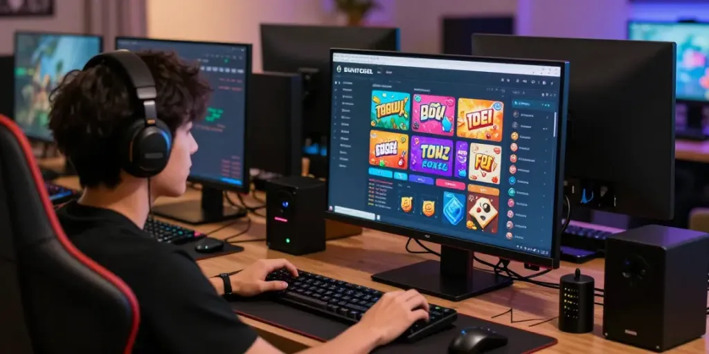 Pengguna BUNTOGEL bermain togel online dengan fokus tinggi di ruang gaming yang nyaman.