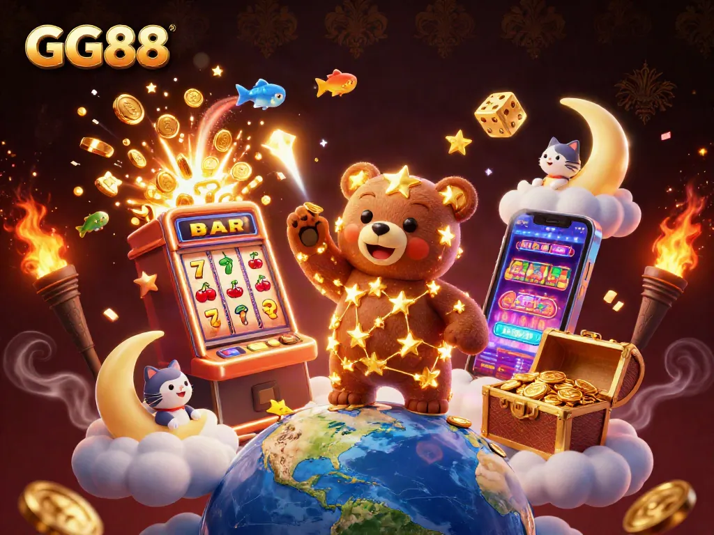 GG88 captures a dazzling 3D scene featuring a constellation bear and vibrant casino elements.
