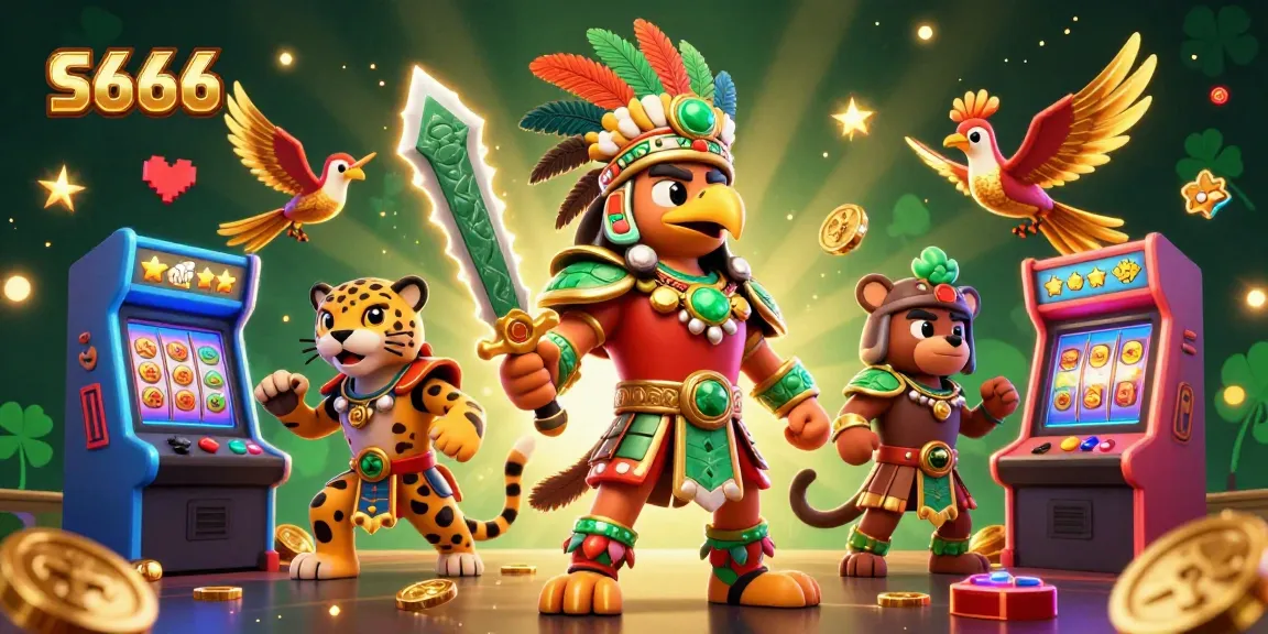 S666 showcases a vibrant 3D cartoon casino scene with an Aztec warrior, a jaguar companion, and vivid game elements.